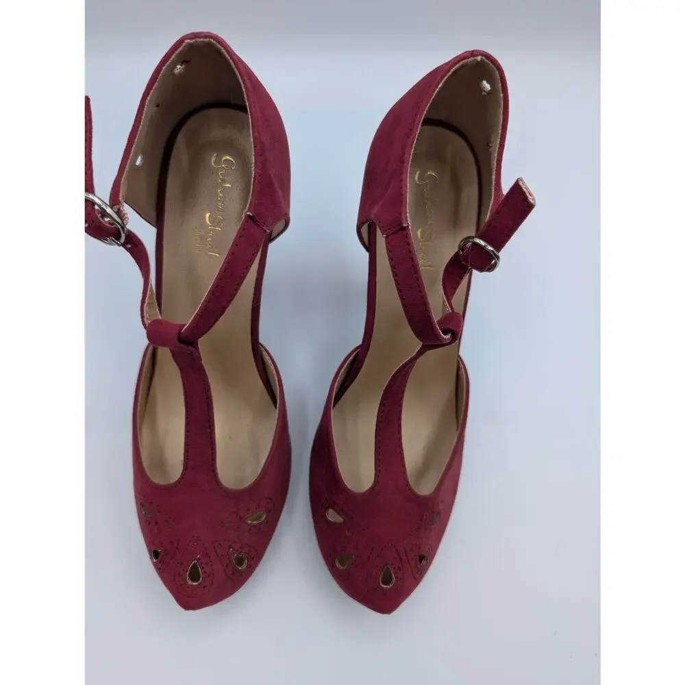 GRAHAM Street Shoe Co. | Burgundy Suede T Strap Heels | Size 7.5